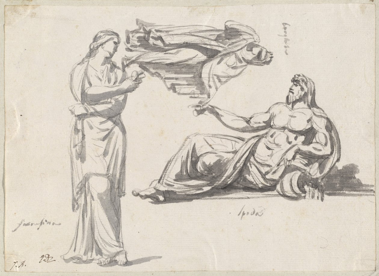Řeka Bůh a dvě klasické sochy od Jacques Louis David