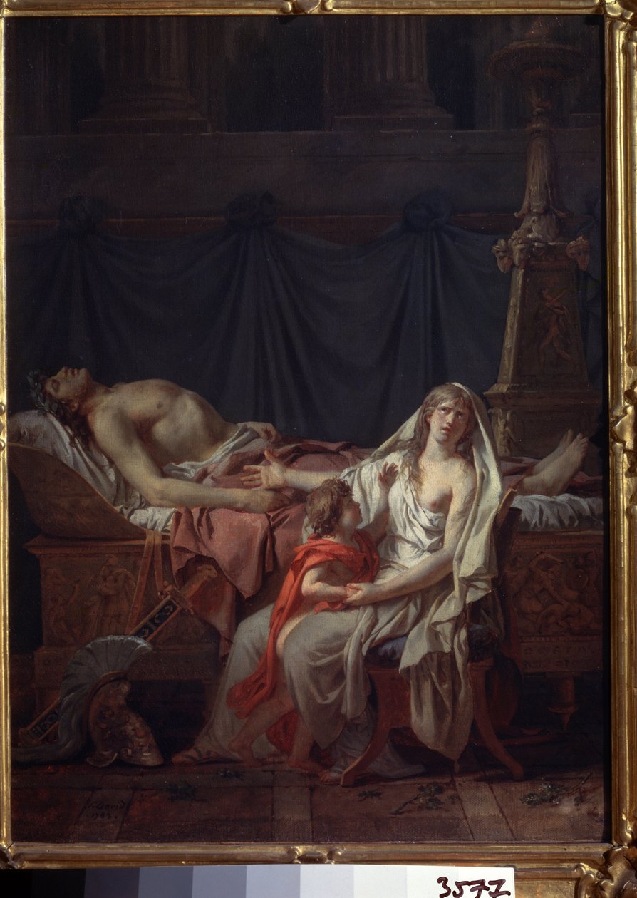 ""Andromache truchlí Hector"" (Andromache truchlí Hectora). Také se nazývá ""Bolest a lítost Andromache na těle Hectora jejího manžela"". Andromaque a její syn Astyanax před mrtvolou Hectora, zabitého během trojské války. Obraz od Jacqa od Jacques Louis David