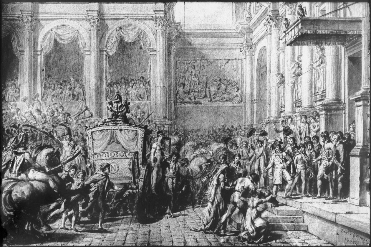 Napoleon po návratu z vysvěcení při příjezdu do Hotel de Ville, Paříž, 1805 (pero a černý inkoust a šedá barva a grafit na papíře) od Jacques Louis David