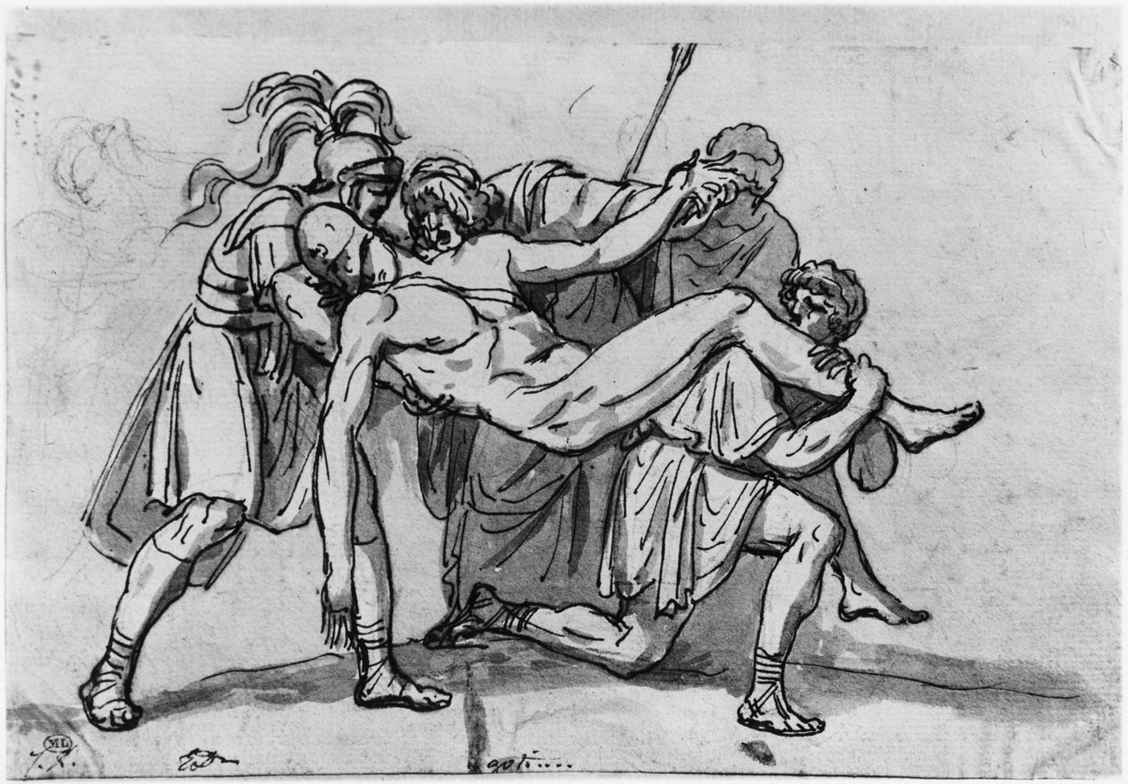 Death of Meleager (pero a hnědý inkoust a šedý wash a pierre noire na papíře) od Jacques Louis David