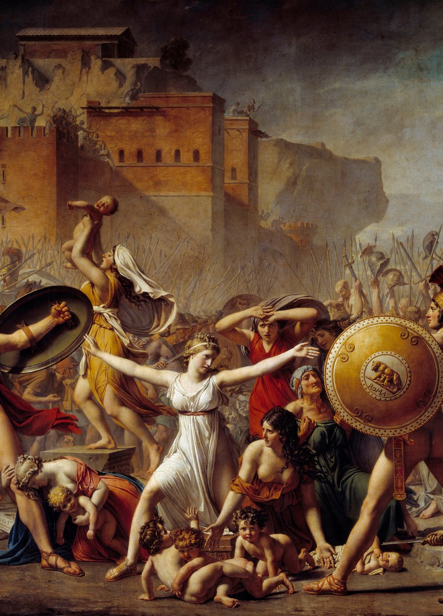 Detail: ""The Sabines""" mezi svými římskými manžely (vpravo) a jejich bratry Sabins (vlevo) a ukazuje jim své děti - Obraz Jacques-Louis (Jacques Louis) David (1748-1825) od Jacques Louis David