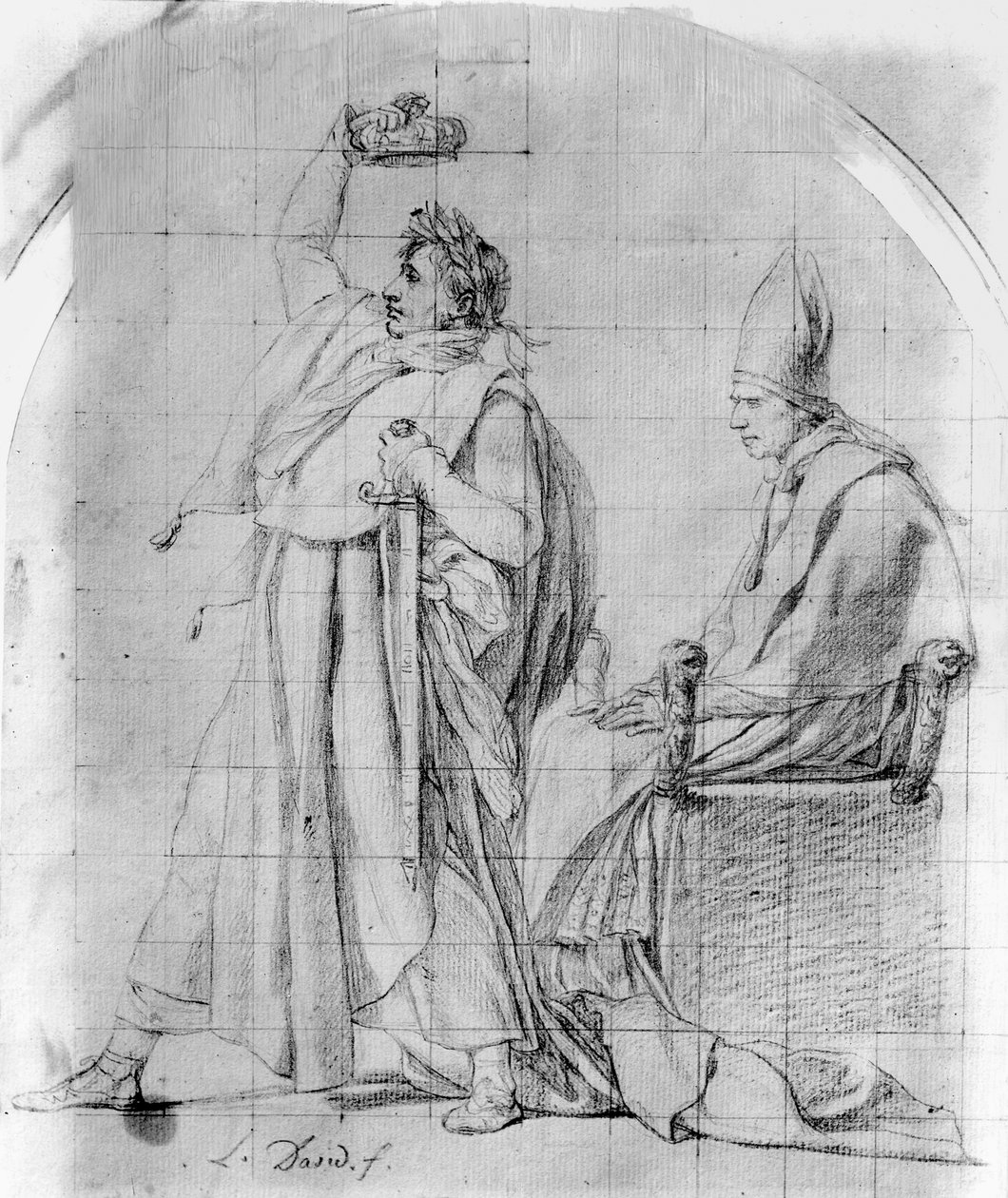 Císař Napoleon se korunuje, kolem 1804/07 (tužka na papíře se stopami inkoustu) od Jacques Louis David