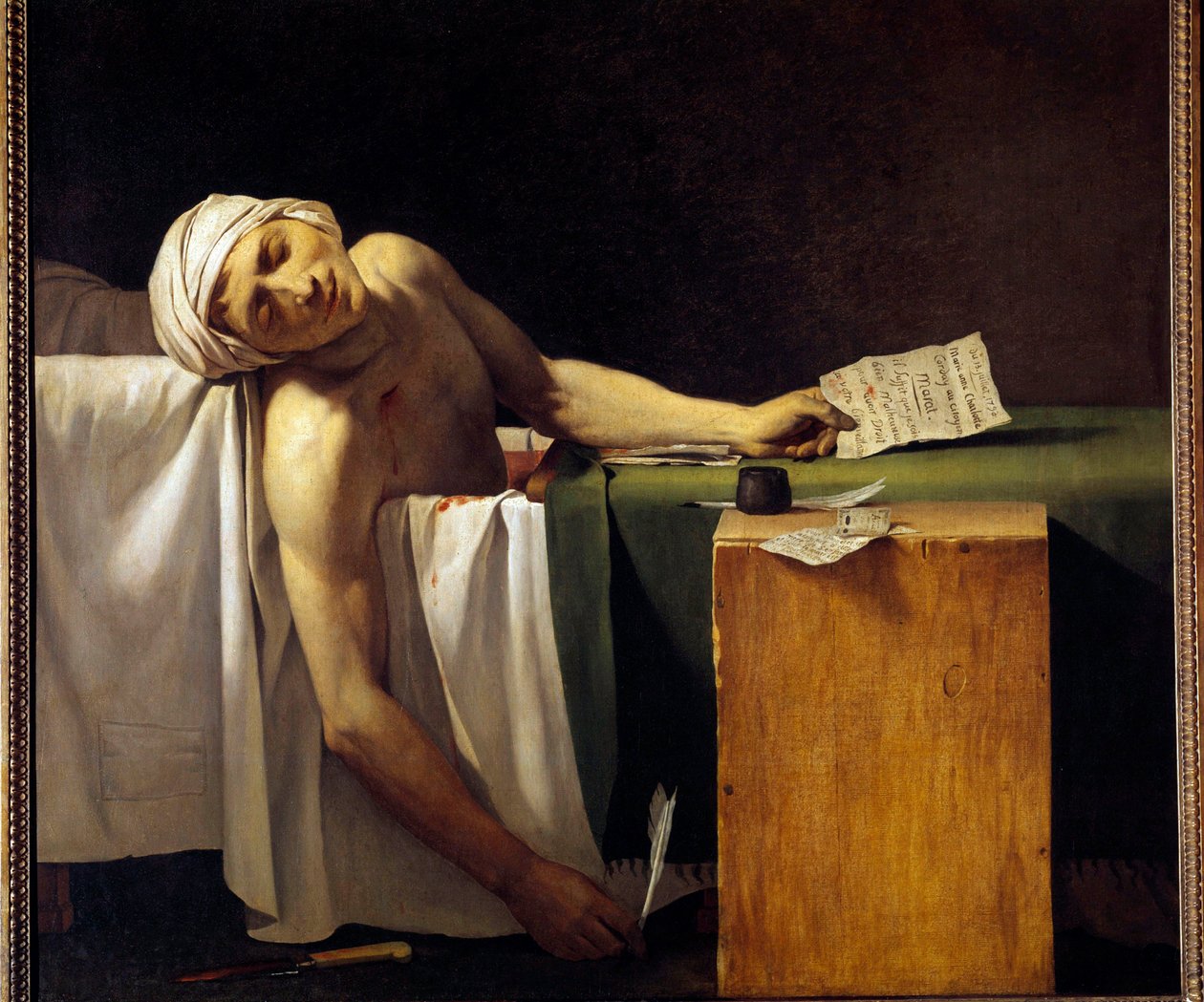 Francouzská revoluce: “” Jean Paul Marat (1743-1793) zavražděn ve své vaně 13.7.1793” Obraz Jeroma Martina Langloise (1779-1838), člena dílny Jacquese Louise Davida. 19. století od Jacques Louis David