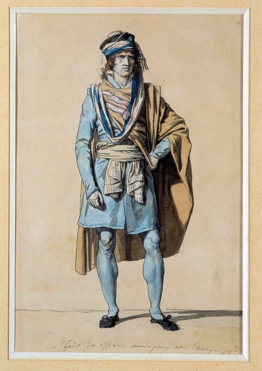 Francouzská revoluce: projekt občanského kostýmu 1793 “”Šaty městského úředníka s šátkem”” Akvarel od Jacquese Louise Davida (1748-1825) Ne. 0,3 x 0,2 m. Versailles, zámky Versailles a Trianon od Jacques Louis David