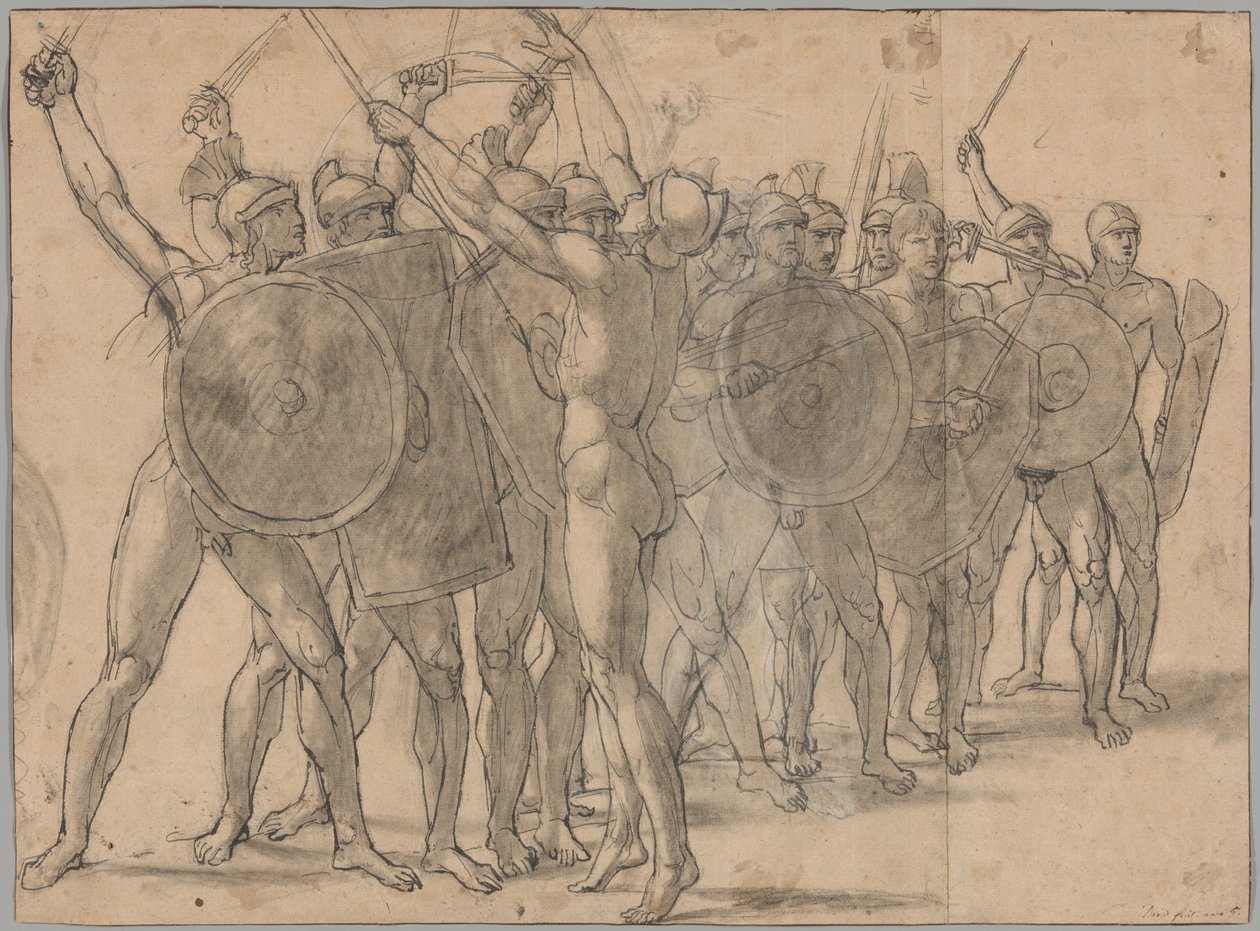 Nahí vojáci gestikulující svými zbraněmi (recto); Dvě studie sukna pro postavu Tatia (verze) od Jacques Louis David