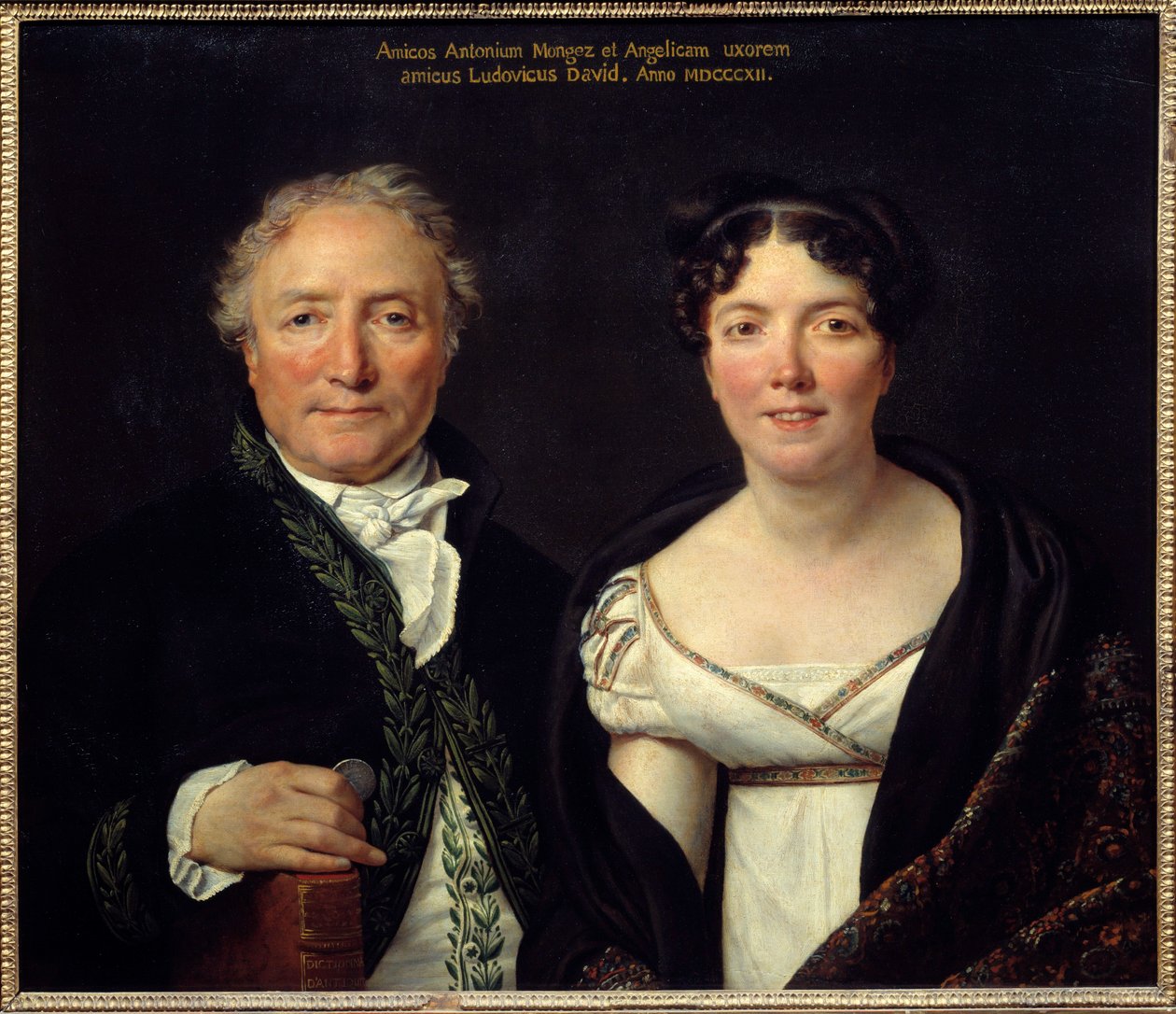 Portrét archeologa Antoina Mongeze (1747-1835) a jeho manželky Angelique (1775-1855) malíře Antoina Mongeze pózuje v kostýmu akademika a v ruce drží kus, aby si připomněl svou roli správce mincí. Obraz od Jacquese Louise Davida (1748- od Jacques Louis David
