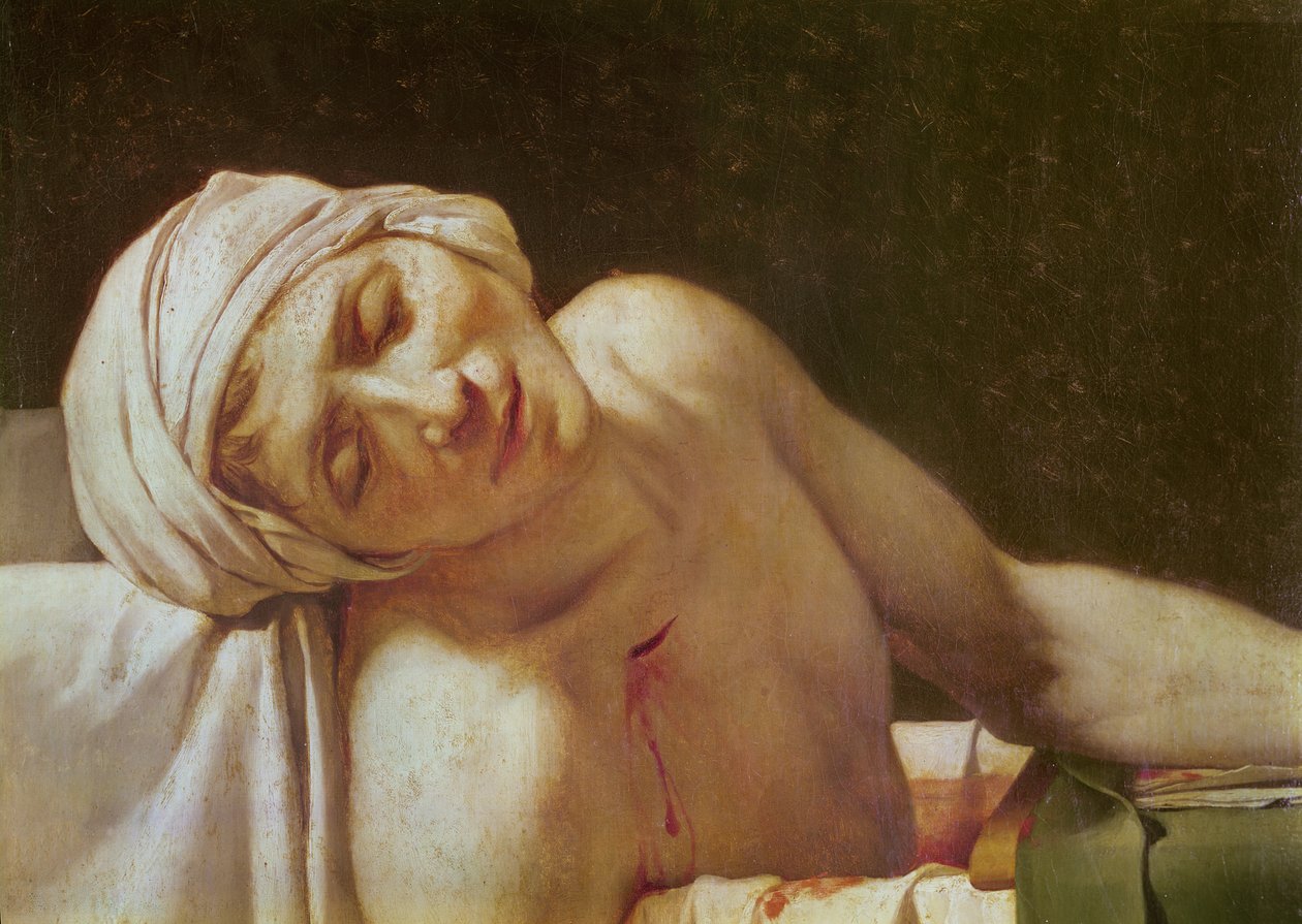 Detail tváře The Death of Marat, 1793 olej na plátně od Jacques Louis David