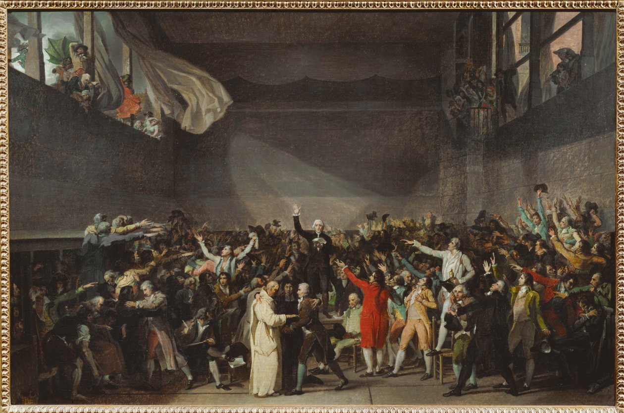 Přísaha v Jeu de Paume, kdy se Tři stavy odmítly na královský rozkaz rozpustit ... od Jacques Louis David