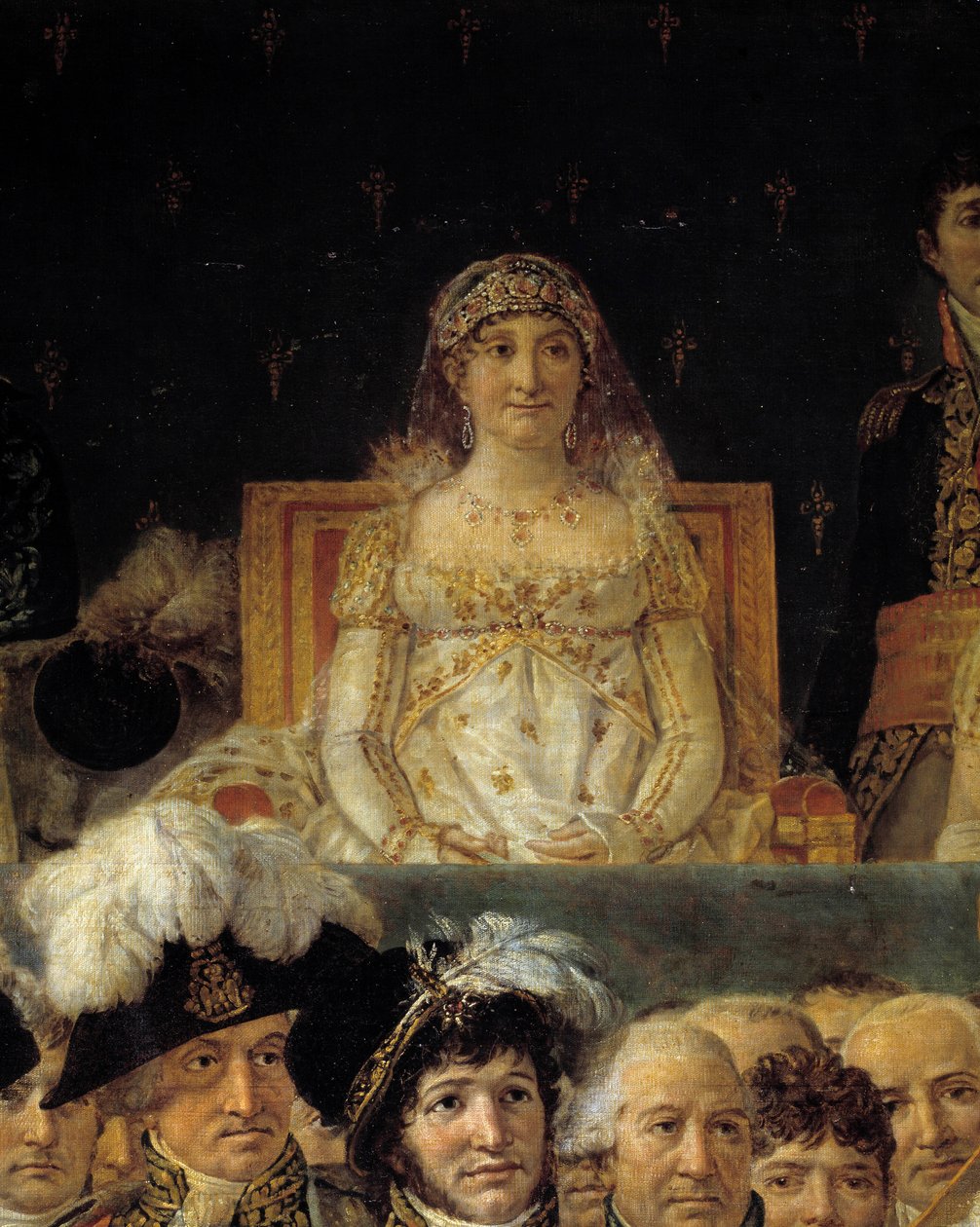 Napoleonův obřad. Detail zobrazující Laetitia Bonaparte (Letizia Maria Ramolino) (1750-1836), matka Napoleona I. během posvátného císaře Napoleona I. Bonaparta a korunovace císařské Josefíny v Notre-Dame de Paris dne 2. prosince 1804. Obraz b od Jacques Louis David