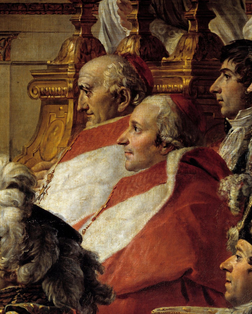 Napoleonův obřad. Detail zobrazující kardinály a Jean Baptiste Jules Bernadotte (1763-1844) během posvátného císaře Napoleona I. Bonaparta a korunovace Imperatrice Josephine v Notre-Dame de Paris 2. prosince od Jacques Louis David
