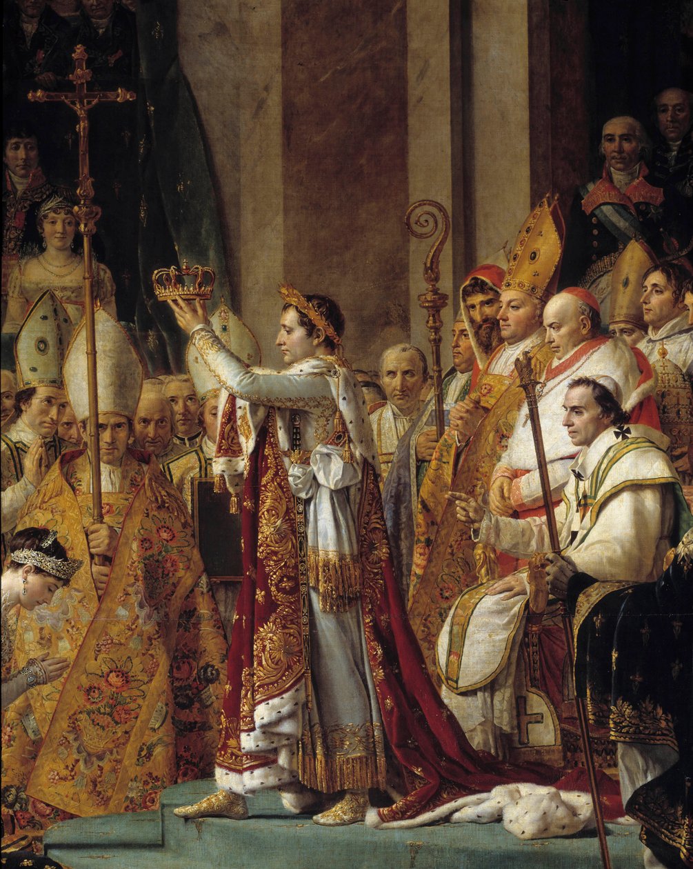 Napoleonův obřad. Detail Napoleona, který nosí korunu během Sacre of Emperor Napoleon I Bonaparte a korunovace Imperatrice Josephine v Notre-Dame de Paris 2. prosince od Jacques Louis David