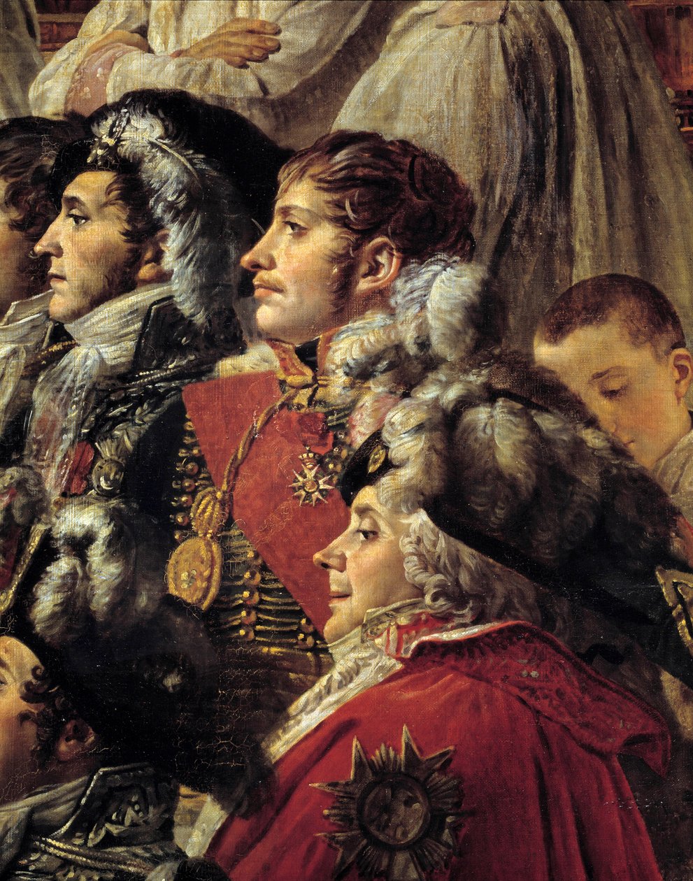 Napoleonův obřad. Detail představující Auguste Jean-Gabriel de Caulaincourt (1777-1809), Eugene Rose de Beauharnais dit Prince Eugene (1781-1824) a Charles Maurice de Talleyrandt-Perigord dit Talleyrand (1754-1838) během korunovace císaře Napoleona od Jacques Louis David