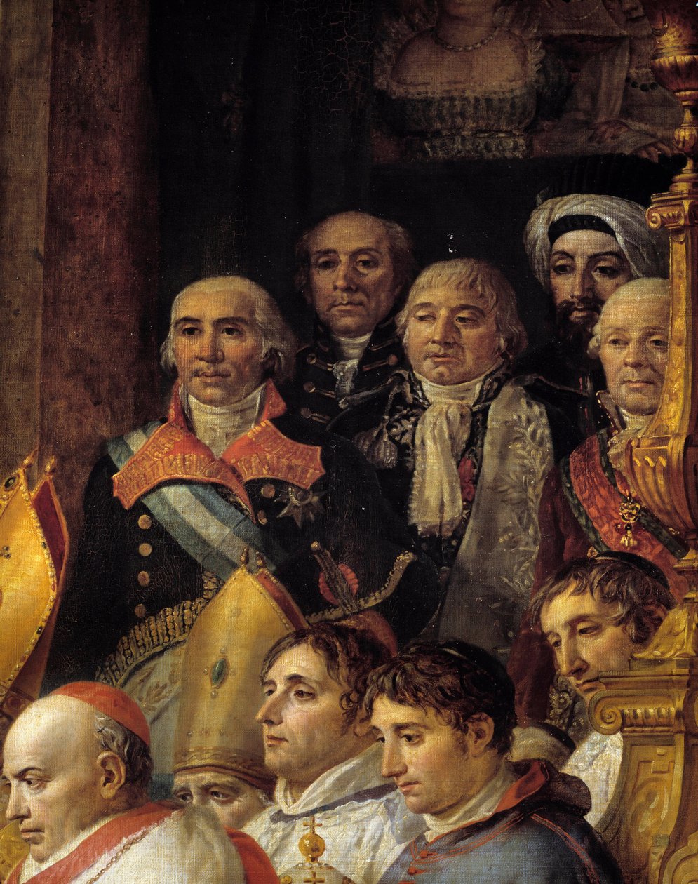 Napoleonův obřad. Detail představující velvyslance (admirál de Gravina (velvyslanec Španělska, zemřel 1805), generál Armstrong (velvyslanec Spojených států), Monsieur de Marescalchi (ministr italské rep.), Mohamed řekl - halet effendi (velvyslanec od Jacques Louis David
