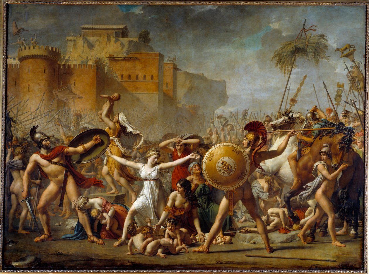 Sabinové vstupující mezi své římské manžely (vpravo) a jejich bratry Sabine (vlevo) a ukazují jim své děti - Obraz Jacques-Louis (Jacques Louis) David (1748-1825) od Jacques Louis David