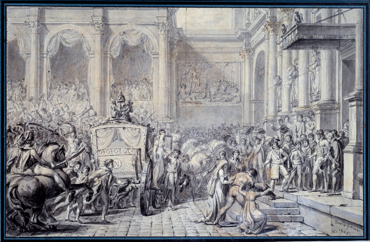 Příjezd kočáru císaře Napoleona I. (1769-1821) do Hotel de Ville de Paris dne 16.12.1804 u příležitosti jeho vlády Kresba Jacquese Louise Davida (1748-1825) 1804 Ne. 0,26x0,4 m Paříž, Musee du Louvre od Jacques Louis David