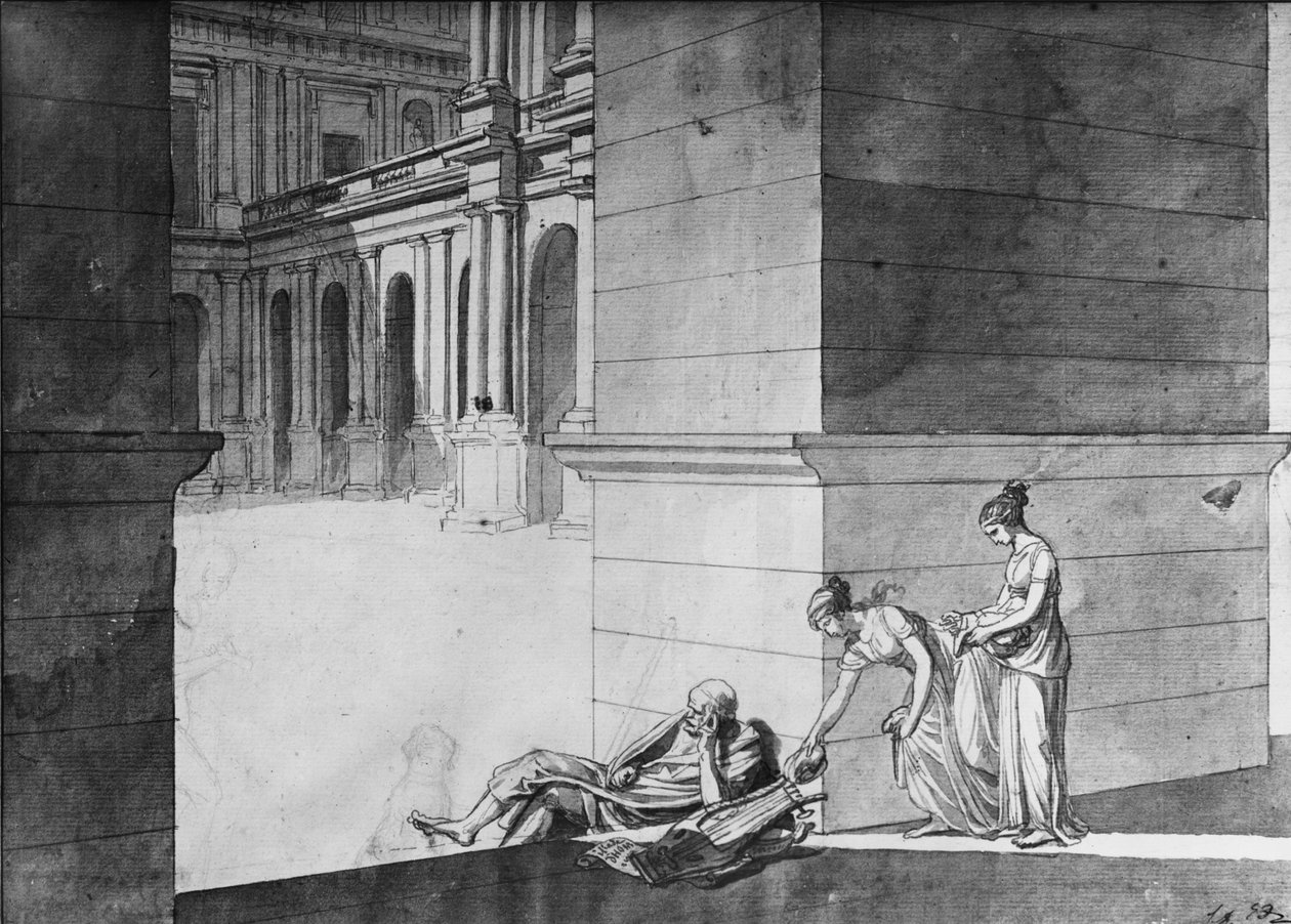 Dvě mladé dívky přinášejí chléb Homerovi, který spí, kolem roku 1794 (pero a inkoust na papíře) od Jacques Louis David