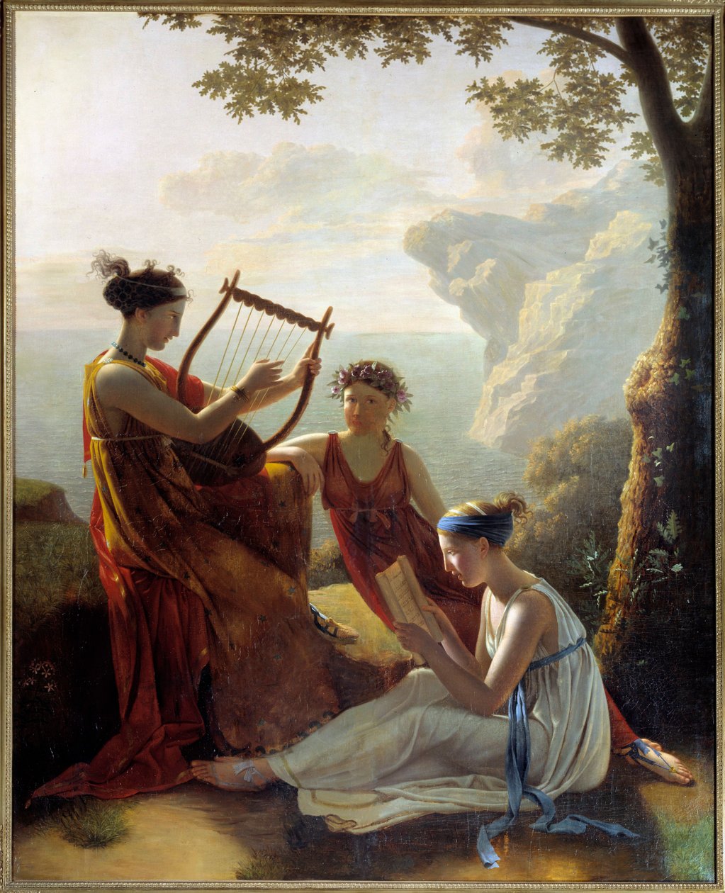 Řecká básnířka Sapho (Sappho) hrající na lyru a dva její společníci Obraz Jacques Louis Grandin (1780-?) 1808 Paříž, Musee Marmottan od Jacques Louis Michel Grandin