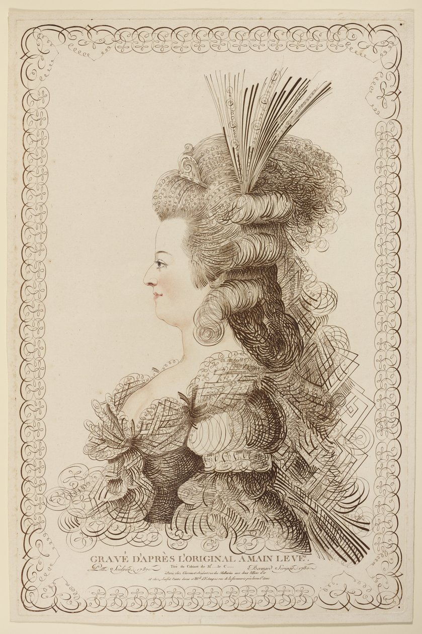 Kaligrafický portrét Marie Antoinetty, 1787 (lept a rytina) od Jacques Louis Petit
