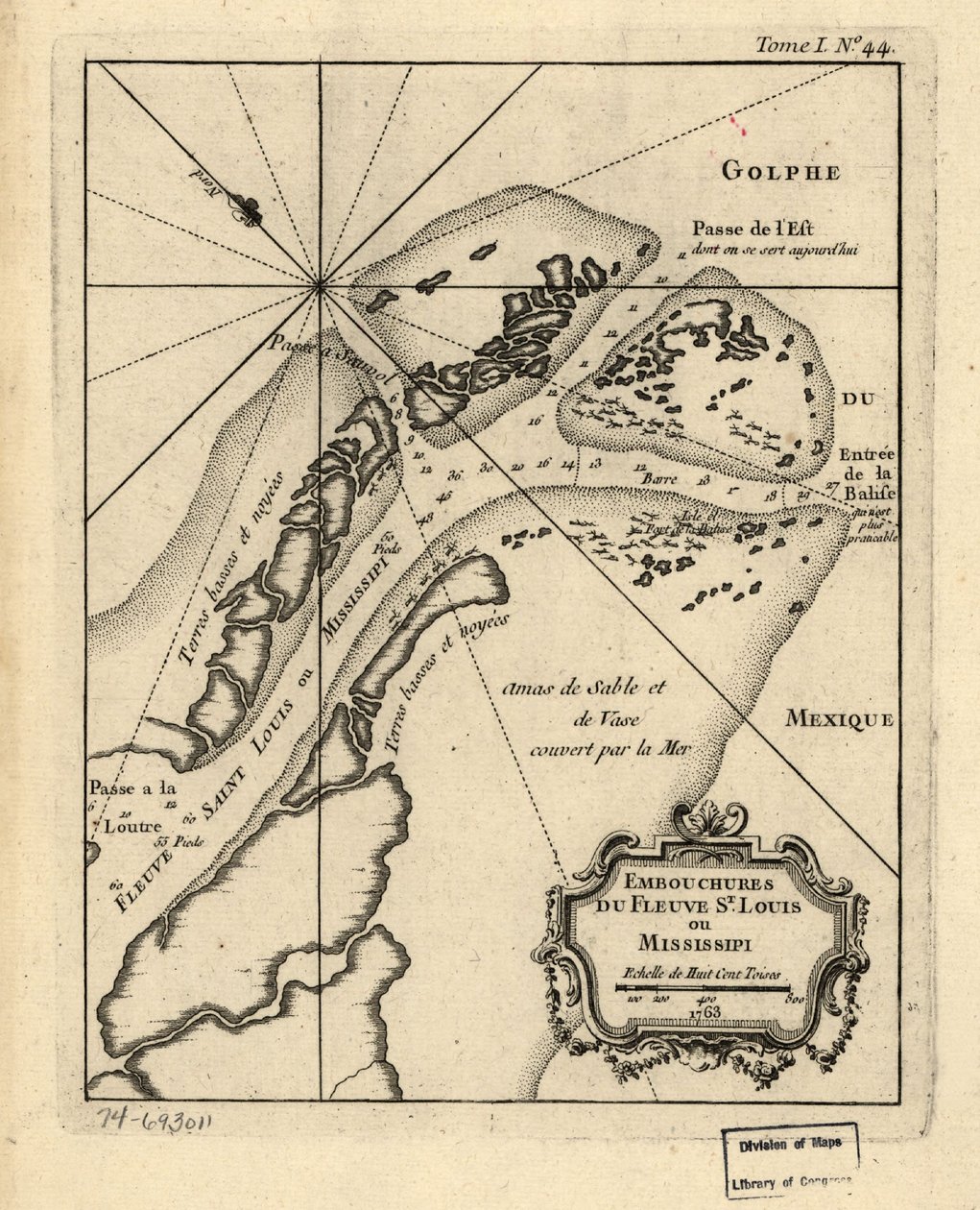 Ústí řeky St. Louis nebo Mississippi. 1763. LOC 74693011 od Jacques Nicolas Bellin