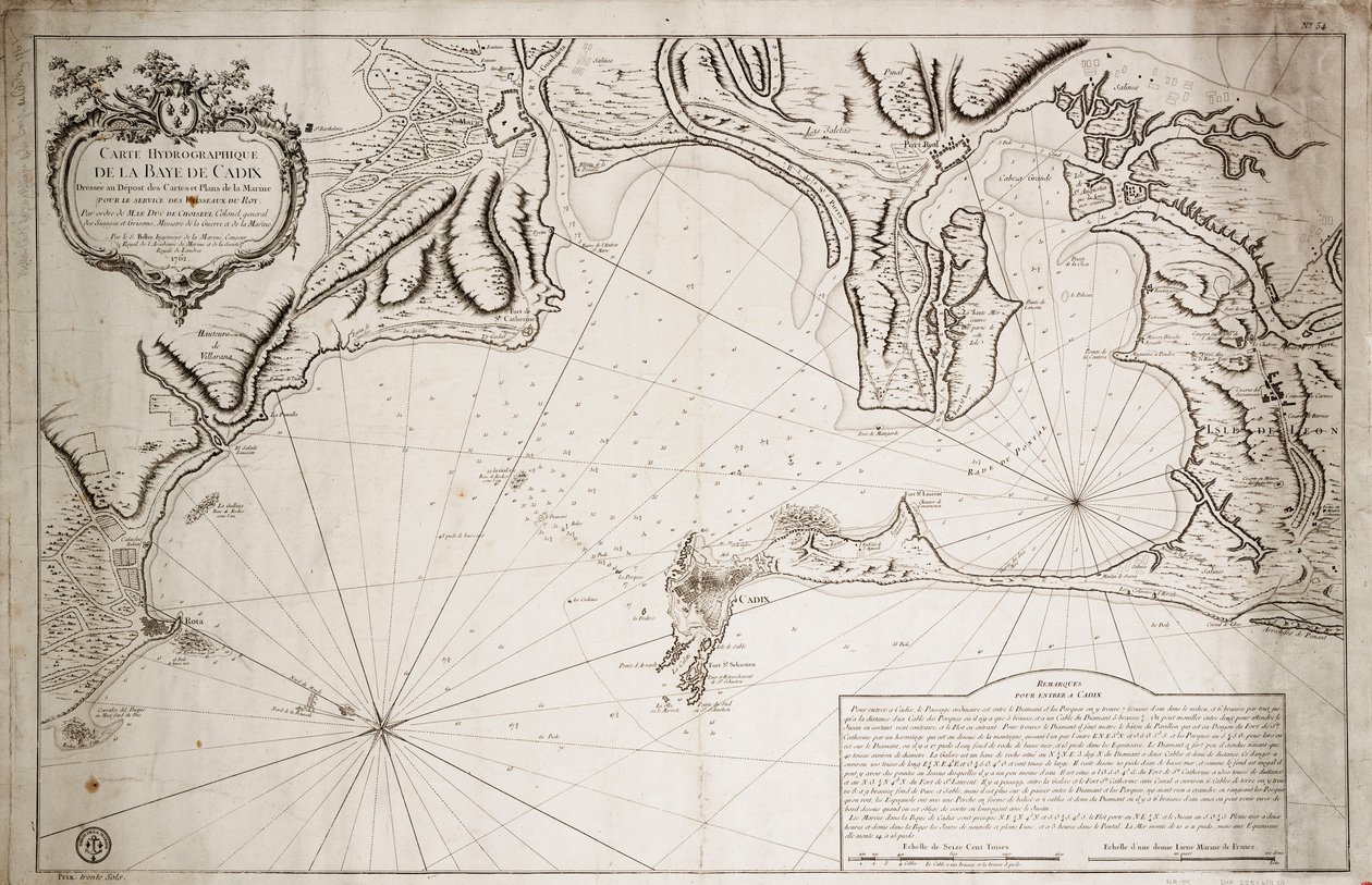 Hydrografická mapa Cádizského zálivu od Jacques Nicolas Bellin