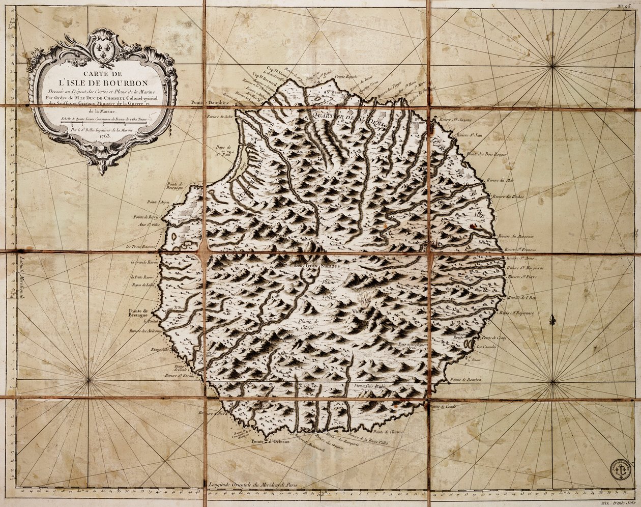 Mapa ostrova Bourbon zpracovaná v depozitáři map a námořních map od Jacques Nicolas Bellin