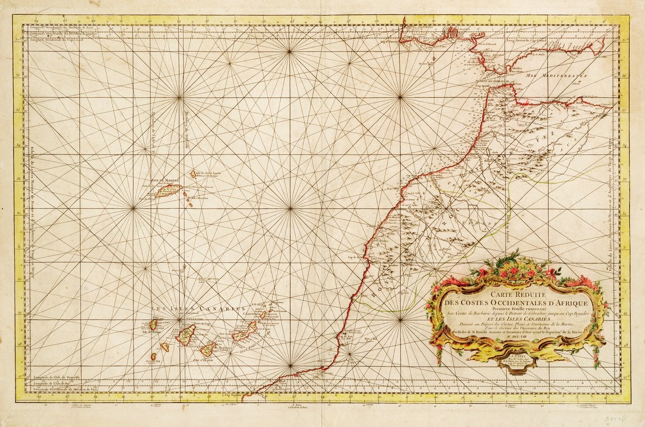 Mapa severozápadního pobřeží Afriky od Gibraltarského průlivu po Kanárské ostrovy od Jacques Nicolas Bellin