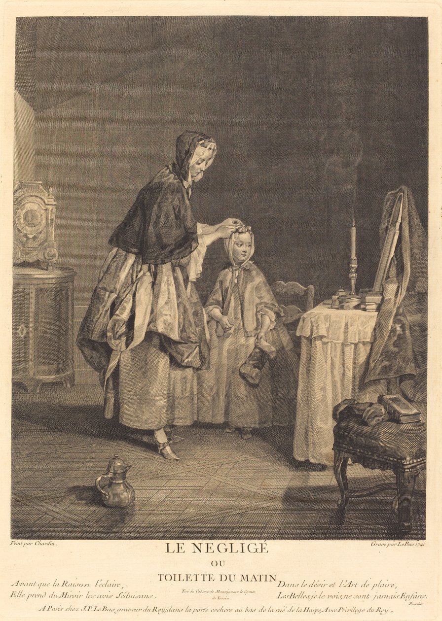 Negližé nebo ranní toaleta od Jacques Philippe Le Bas after Jean Siméon Chardin