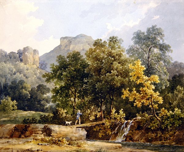 Lovec přechází most přes řeku od Jacques Raymond Brascassat