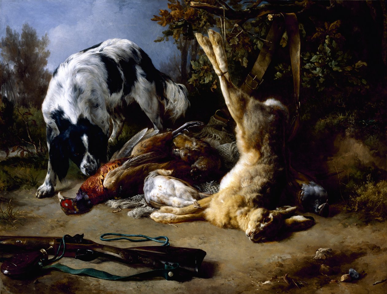 Hra Spaniel with a Still Life of Dead, 1837 od Jacques Raymond Brascassat