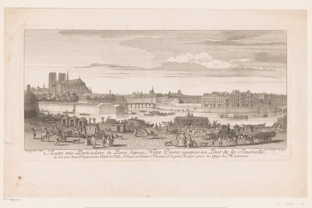 Gezicht op Parijs van de Notre Dame tot de Pont de la Tournelle Pohled na Paříž od Notre-Dame k Pont de la Tournelle (...) pořízený z Quai de Miramion (název na objektu) od Jacques Rigaud
