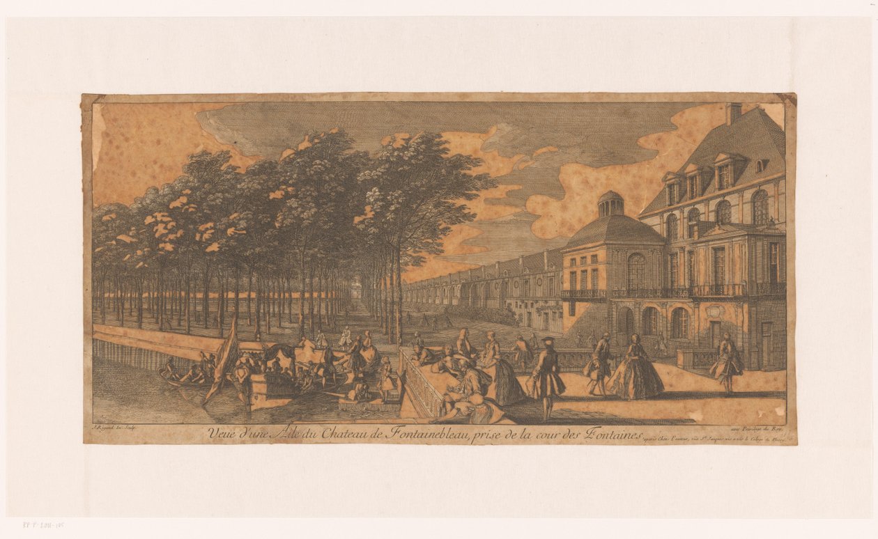 Gezicht op een laan bij de Cour de la Fontaine van kasteel Fontainebleau Pohled na křídlo zámku Fontainebleau, převzato z Cour des Fontaines (název na objektu) od Jacques Rigaud