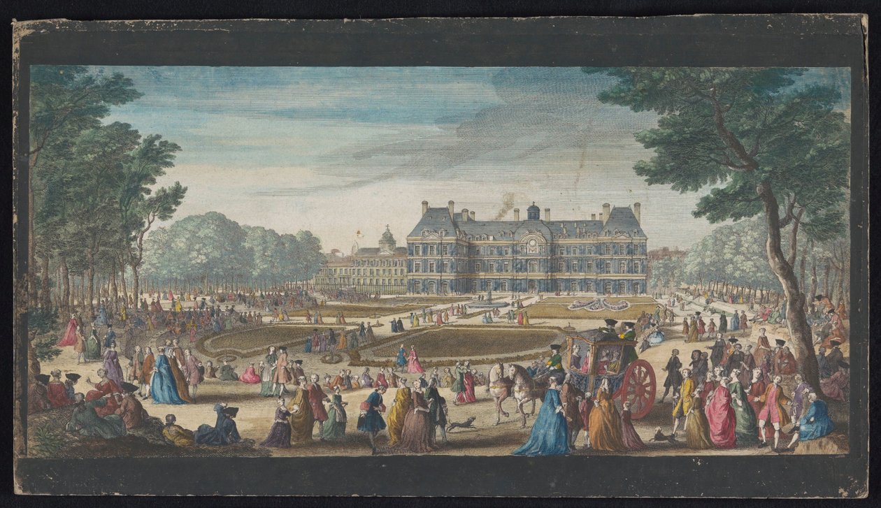Pohled na Palais du Luxembourg v Paříži ze zahrady Les promenades du Luxembourg (název na objektu) od Jacques Rigaud