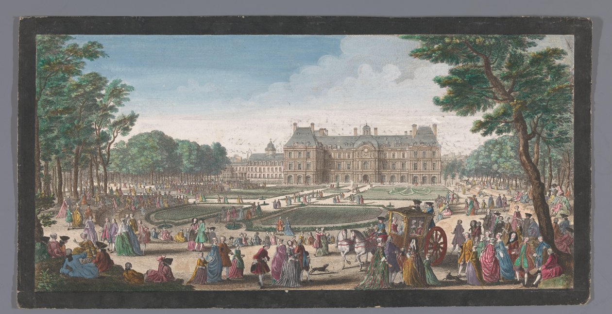 Pohled na Palais du Luxembourg v Paříži ze zahrady Les promenades du Luxembourg (název na objektu) od Jacques Rigaud