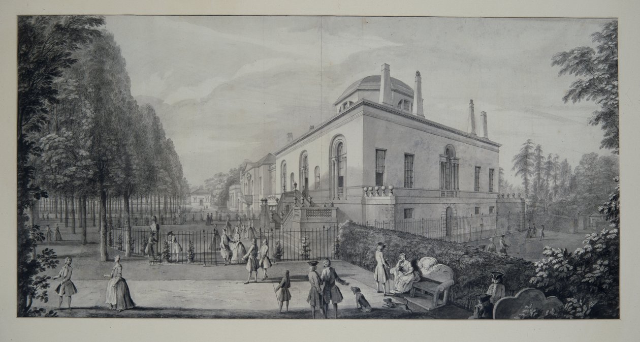 Neopalladiánská vila lorda Burlingtona v Chiswick a Jacobean House (pero a inkoust s mytím na papíře) od Jacques Rigaud