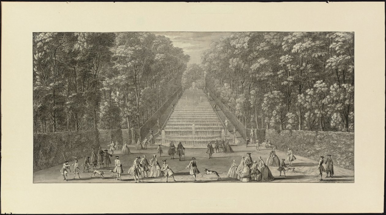 Vue de la Grande Cascade dans les jardins de Marly (černá křída, pero a černá tuš, šedý wash) od Jacques Rigaud