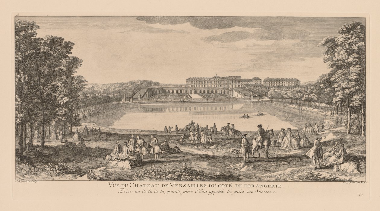 Pohled na palác ve Versailles ze strany Orangerie za švýcarským rybníkem. od Jacques Rigaud