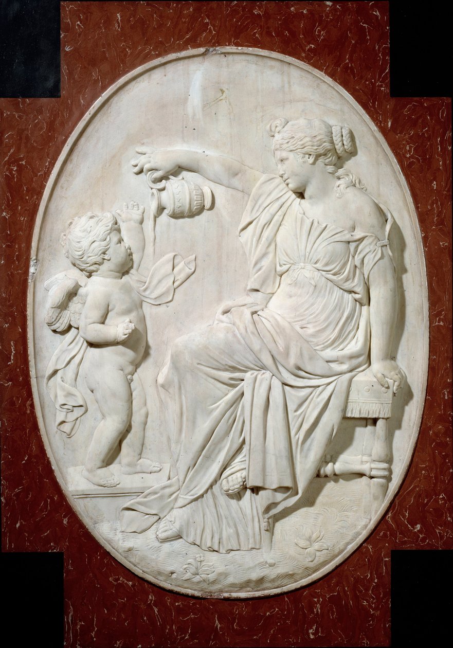 Památník srdce Ludvíka XIII.: čtyři hlavní ctnosti. Střídmost. Dekorativní prvek z pohřebního pomníku Ludvíka XIII v kostele Saint Paul Saint Louis (Saint Paul) rue Saint Antoine v Paříži. Mramorový reliéfní bas od Jacquese Sarazina (1592-16 od Jacques Sarazin