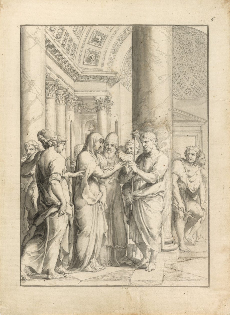 Marriage of the Virgin, c.1640 (pero a černý inkoust, se štětcem a šedým a světle hnědým mytím a grafitem, na kusovém krémově položeném papíře) od Jacques Stella