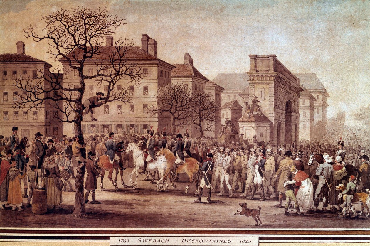 Francouzské tažení v roce 1814: „Vchod zajatců spojeneckých armád (včetně Ruska a Pruska do Paříže) v doprovodu Národní gardy pod velením Marechala Monceyho dne 9. 3. 1814““ Litografie Jacquese Swebacha-Desfontaines (1769- 1823) od Jacques Swebach Desfontaines