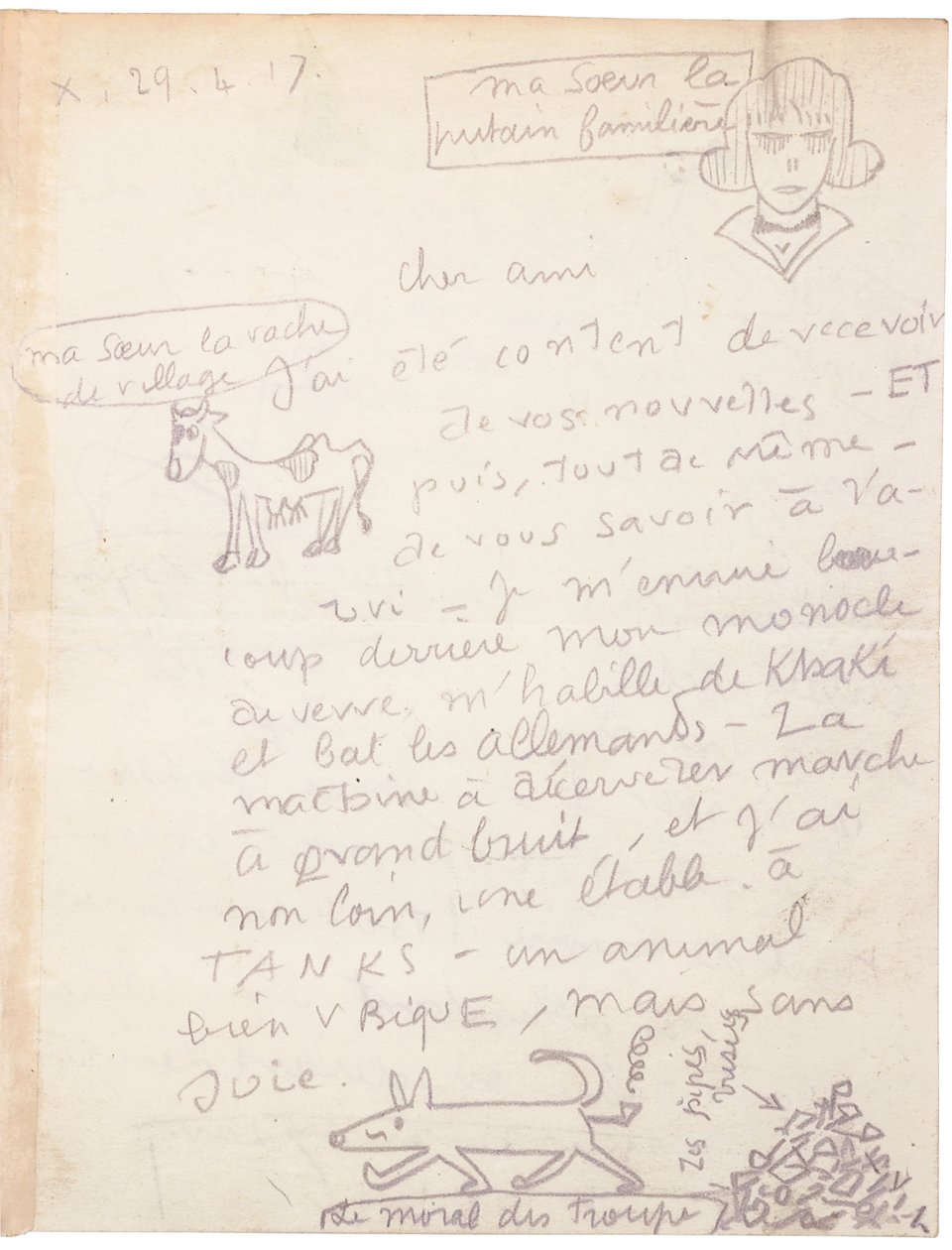 Autogramový dopis s kresbami od Jacques Vache