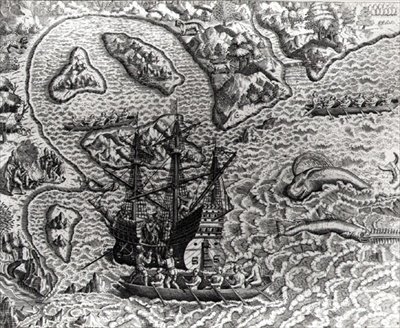 Johannes Staden přijíždí na neznámý ostrov, aby zjistil, že tam již jsou Portugalci, z Americae, 1593, napsal a vyryl Theodor de Bry (1528-98) od Jacques d.158788 after Le Moyne