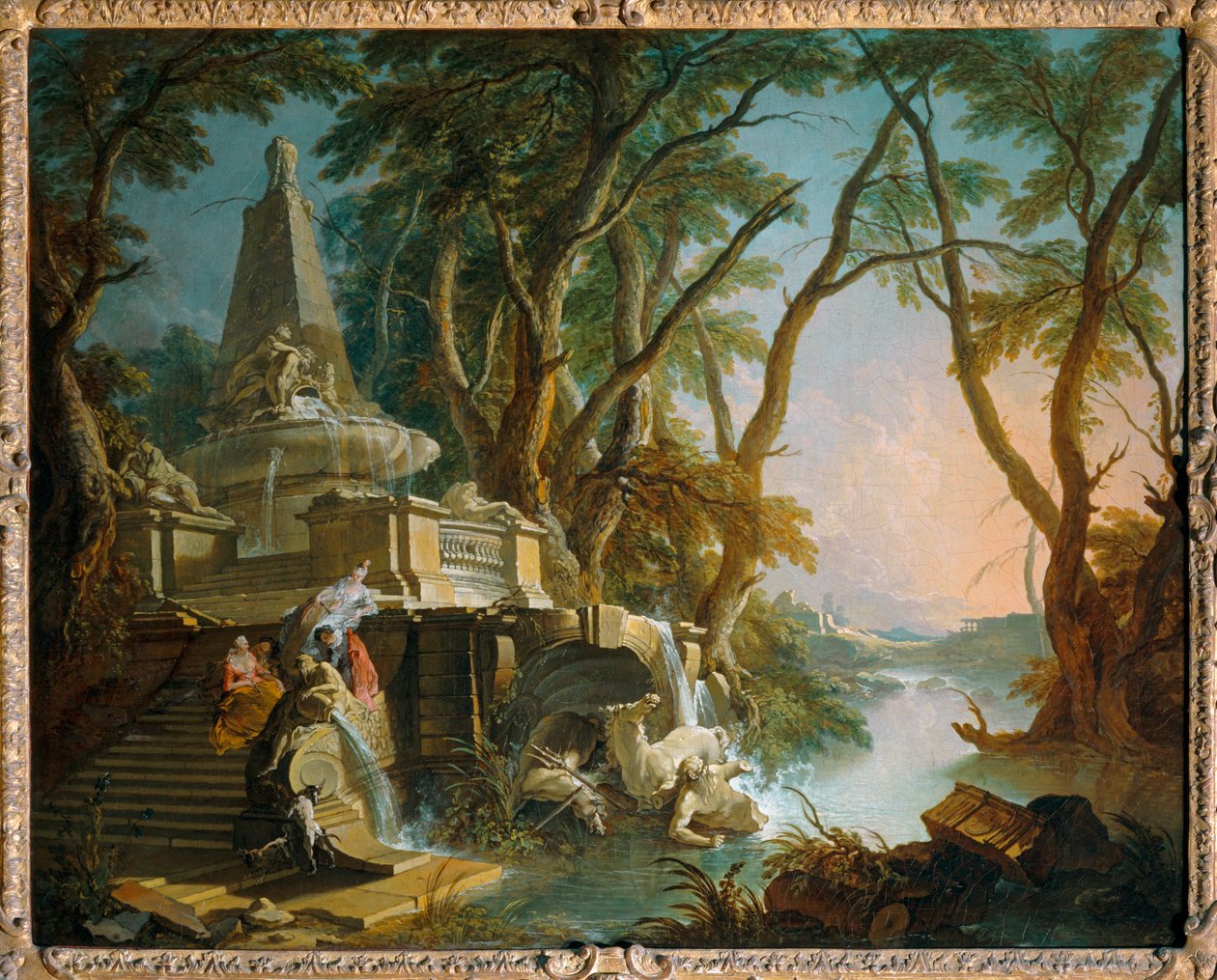 Imaginární krajina: řeka, známá také jako pyramidální fontána s rozbitou sochou Neptuna - Imaginární krajina: řeka ... od Jacques de (after) Lajoue