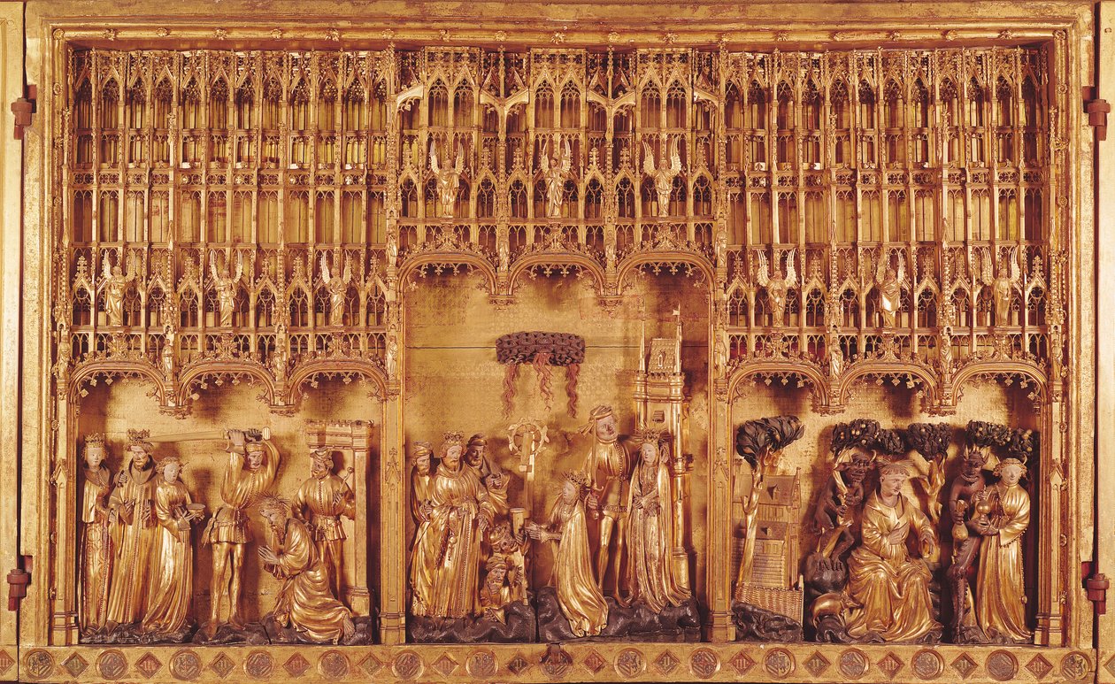 Oltářní obraz svatých a mučedníků, střední panel stětí sv. Jana Křtitele, Umučení sv. Kateřiny Alexandrijské a sv. Barbory a Pokušení sv. Antonína, kolem 1391 (zlacené wo od Jacques de Baerze or Baers