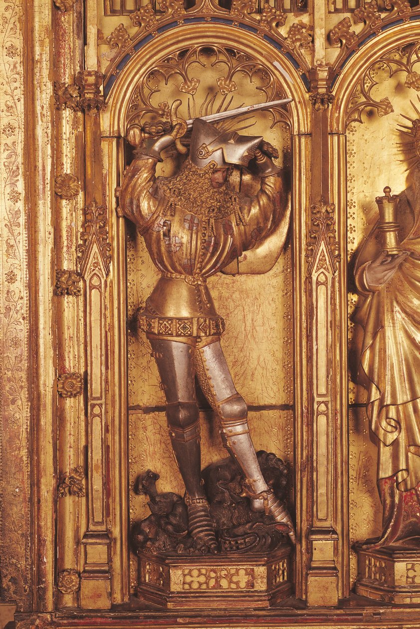 Oltářní obraz Ukřižování, detail sv. Jiří z levé desky, z kostela Chartreuse de Champmol, kolem 1391 (zlacené dřevo) od Jacques de Baerze or Baers