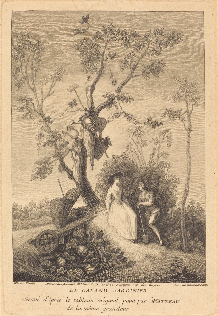 Galantský zahradník od Jacques de Favanne after Antoine Watteau