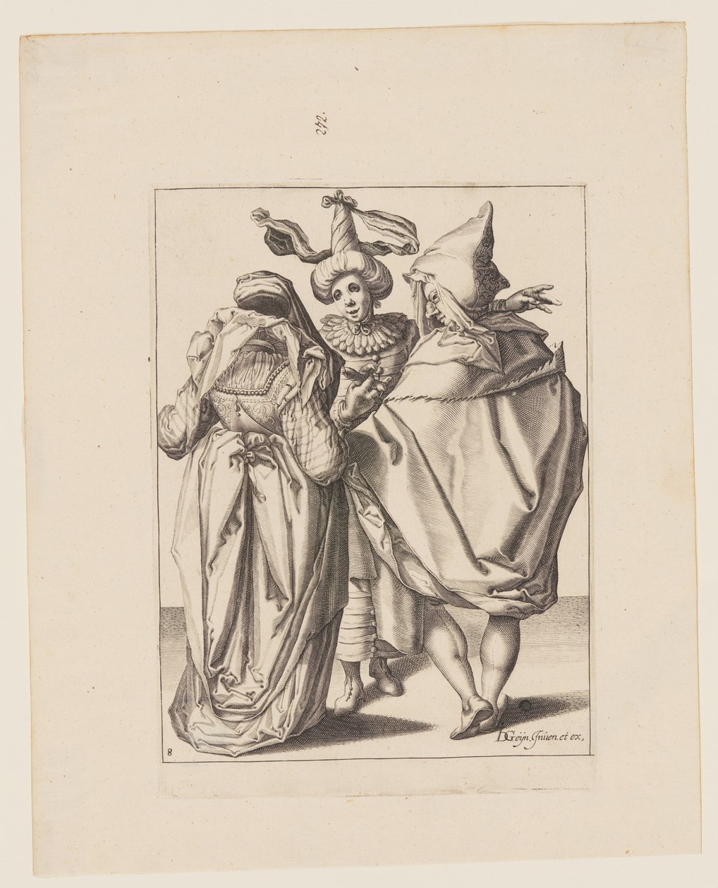 Pár oslovující gestikulujícího mladíka, z filmu Maškarády od Jacques de Gheyn II