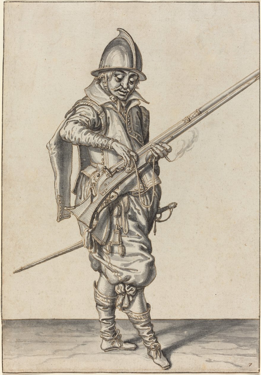 Elegantně oblečený voják se připravuje na palbu od Jacques de Gheyn II