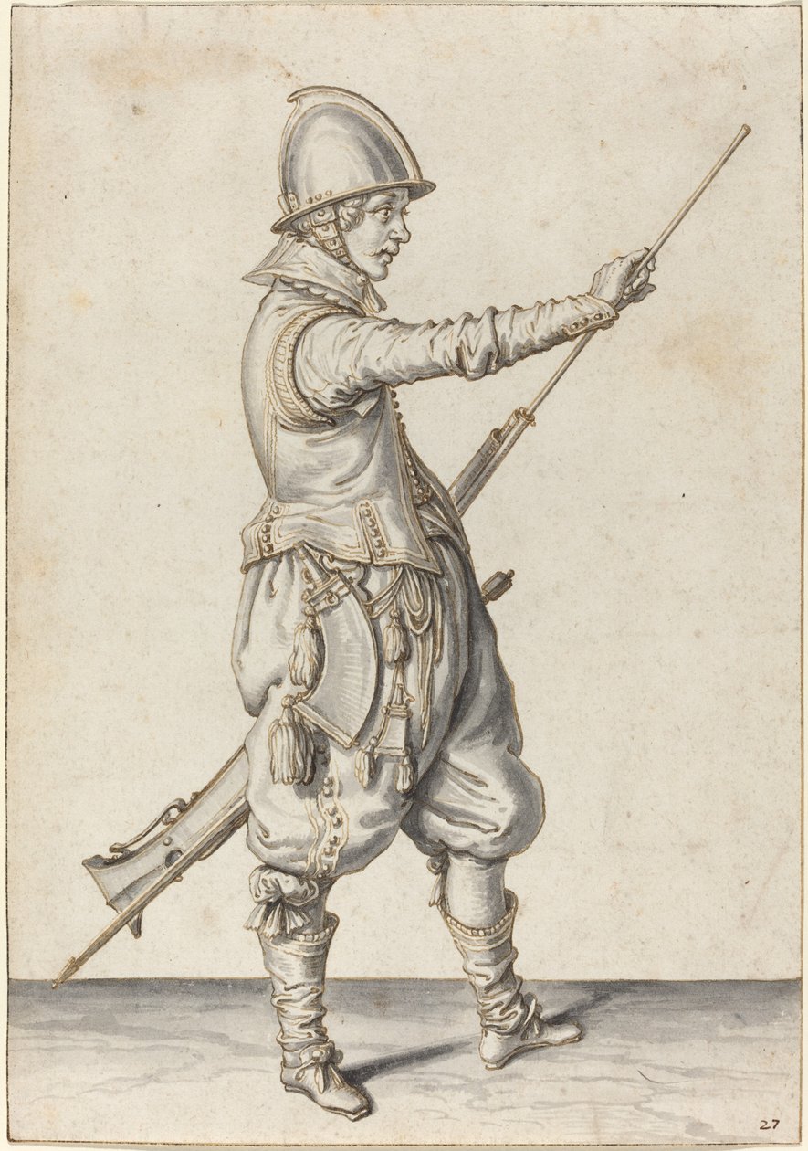 Elegantně oblečený voják pěchuje svůj kaliver od Jacques de Gheyn II