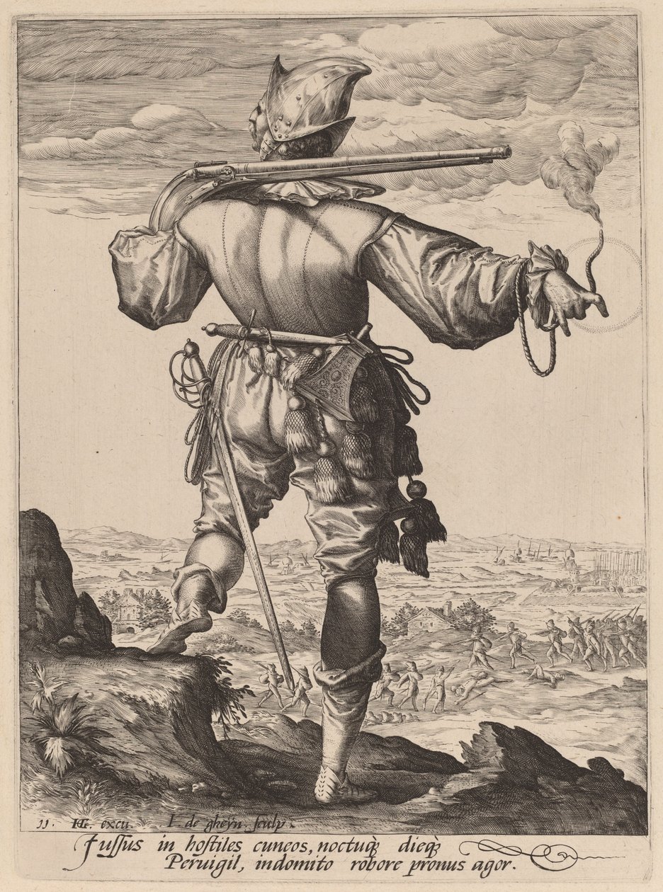Mušketýr s přilbou od Jacques de Gheyn II after Hendrik Goltzius