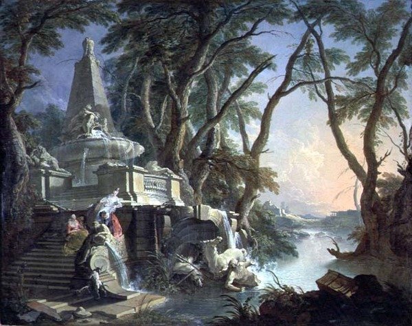Pyramidová fontána s rozbitou sochou Neptuna aneb Krajina: Řeka (olej na plátně) od Jacques de Lajoüe